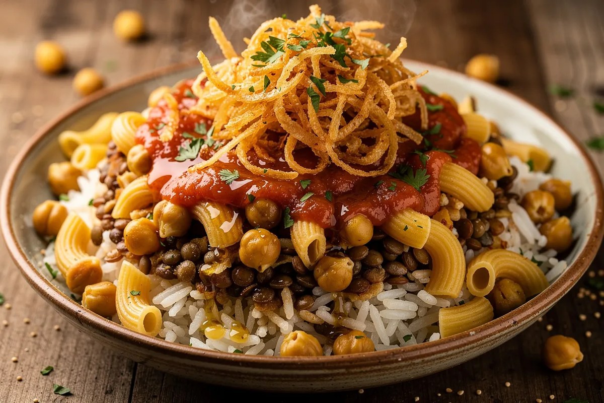 Heutiger Gewinner: Koshari – ägyptisches Streetfood mit Reis, Linsen & knusprigen Zwiebeln